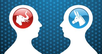 Elephant and donkey political symbols inside person's head icons.