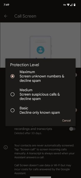 Call Screen's Protection Level menu options.