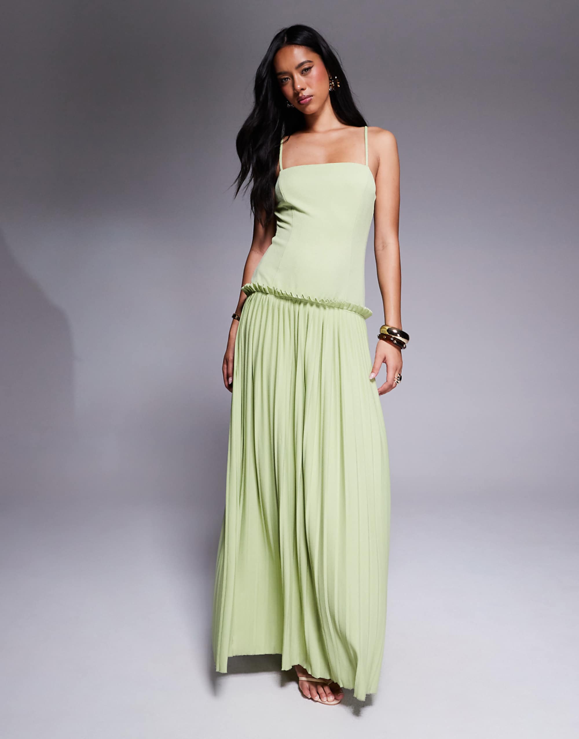 Asos Design Square Neck Pleated Maxi Dress With Dropped Waist in Pistachio