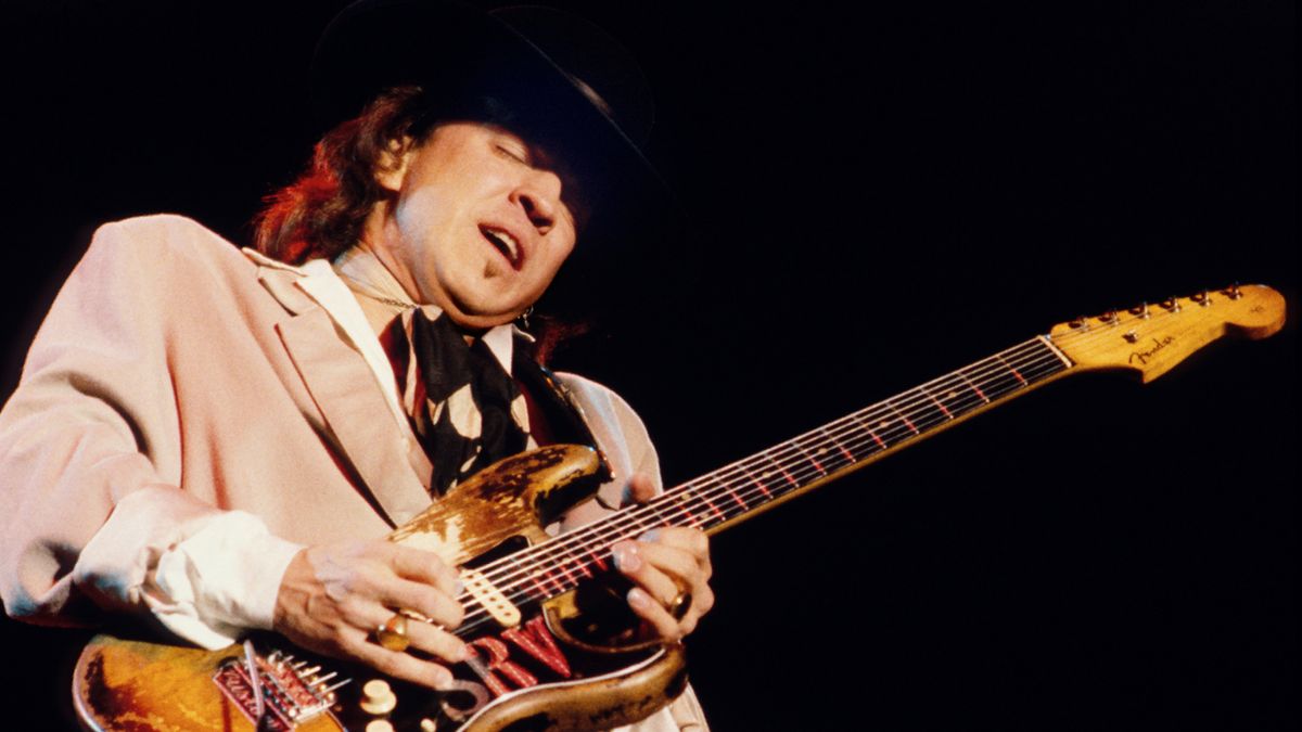 Stevie Ray Vaughan playing his Strat onstage in 1989