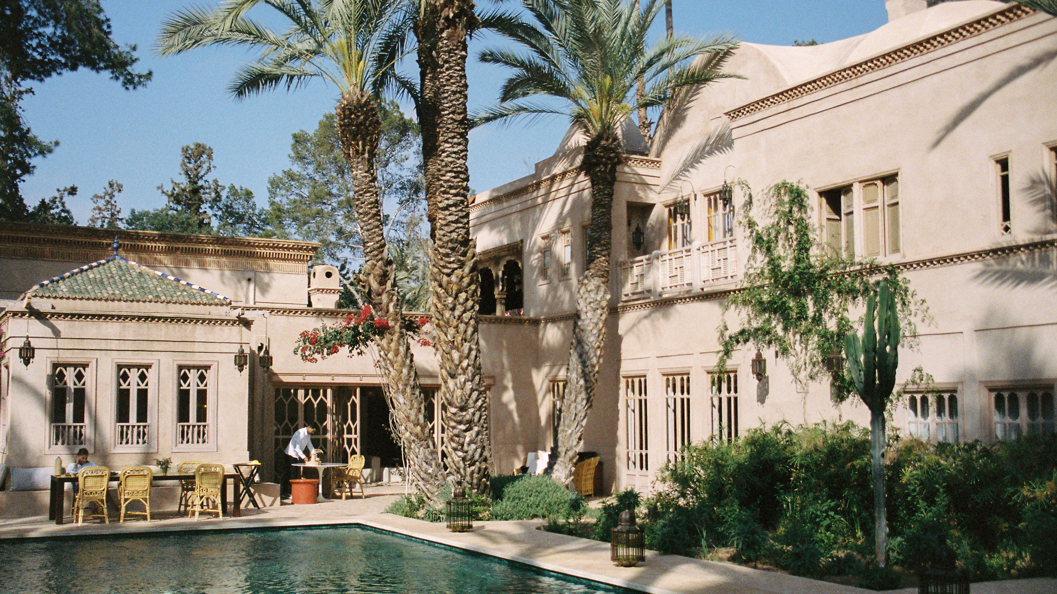 Exterior shot of a white building, palm trees and swimming pool