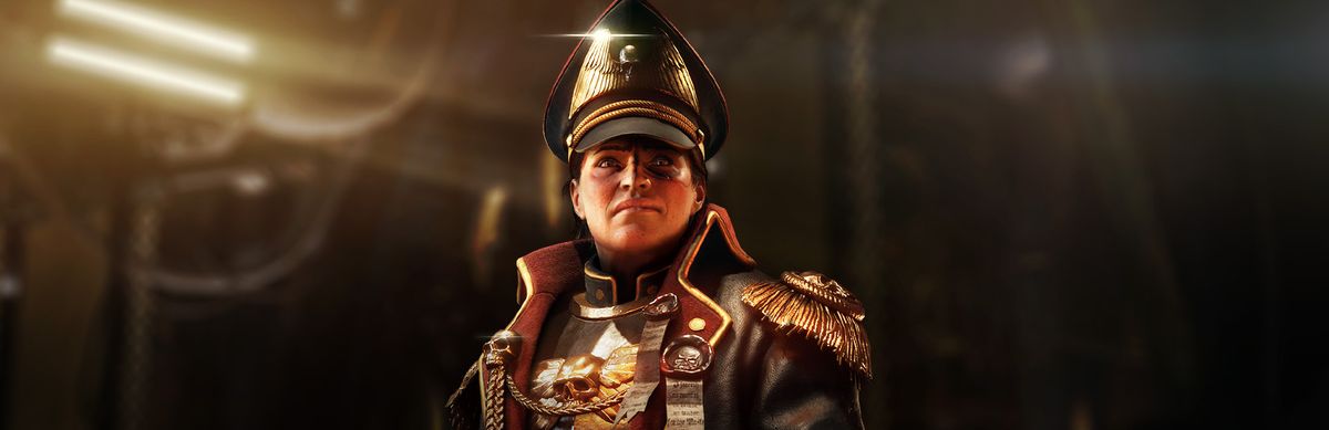 Commissar Dukane from Warhammer 40,000: Darktide. She is sneering at the viewer.