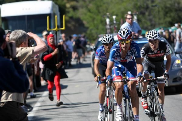 Veteran US rider George Hincapie maintains a steely expression as the going got tough for the break.