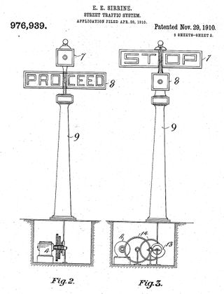 Ernest Stirrine's patent drawing for his traffic signal.