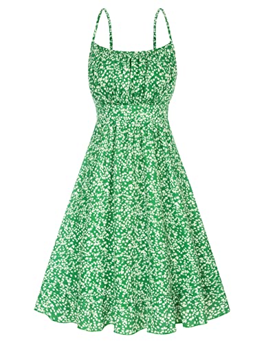 Grace Karin Women Elegant Strappy Floral Beach Dress Square Neck Smock Midi Chiffon Dress for Summer Green Floral M