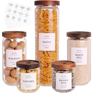 glass storage jars with pre-printed labels and wooden lids