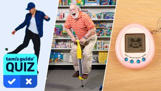 A trio of images shows a man kicking a hacky sac, an older man bouncing in a toy store, and an electronic toy from the 90s