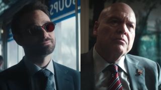 Charlie Cox and Vincent D'Onofrio looking on in separate shots from Daredevil: Born Again