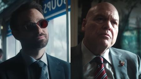 Charlie Cox and Vincent D'Onofrio looking on in separate shots from Daredevil: Born Again