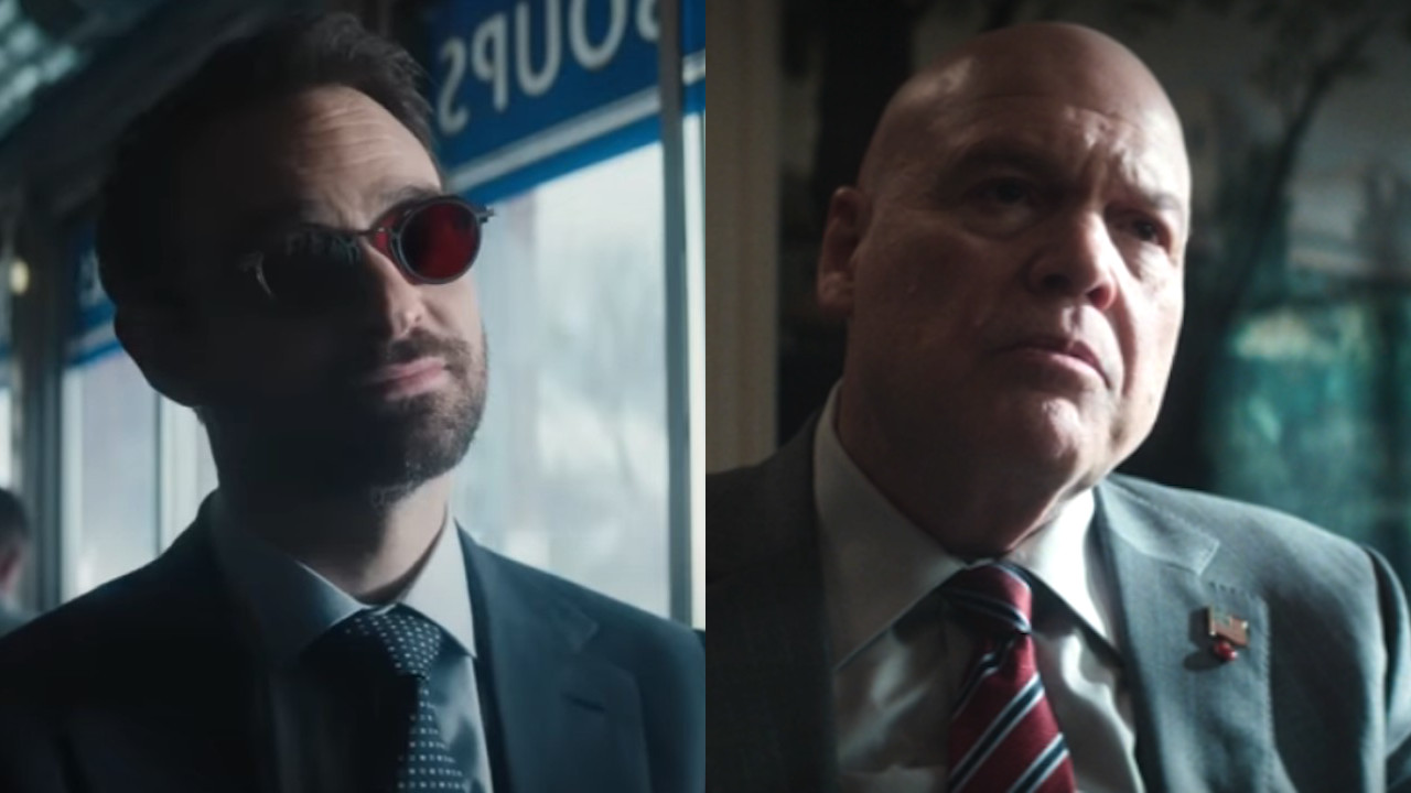Charlie Cox and Vincent D&#039;Onofrio looking on in separate shots from Daredevil: Born Again