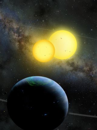 An artist's illustration of Kepler-35 b, a Saturn-size planet around a pair of sun-size stars, as envisioned by artist Lynette Cook. The discovery of Kepler-35b and another twin sun planet, Kepler-34 b, was announced Jan. 11, 2012 and represent a new class of circumbinary planets.