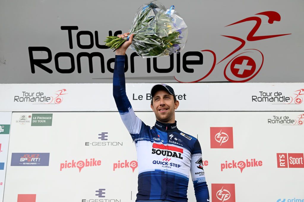 PORTVALAIS SWITZERLAND APRIL 25 Josef Cern of Czech Republic and Team Soudal QuickStep celebrates at podium as stage winner after the 76th Tour De Romandie 2023 Prologue a 682km stage from PortValais to PortValais UCIWT on April 25 2023 in PortValais Switzerland Photo by Dario BelingheriGetty Images