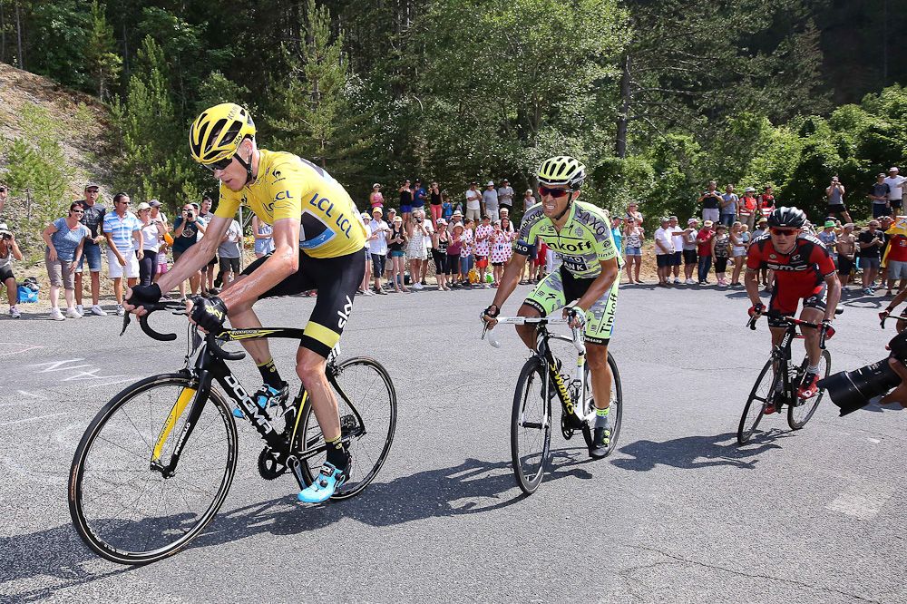 Chris Froome leads Alberto Contador and Tejay van Garderen during stage 14.