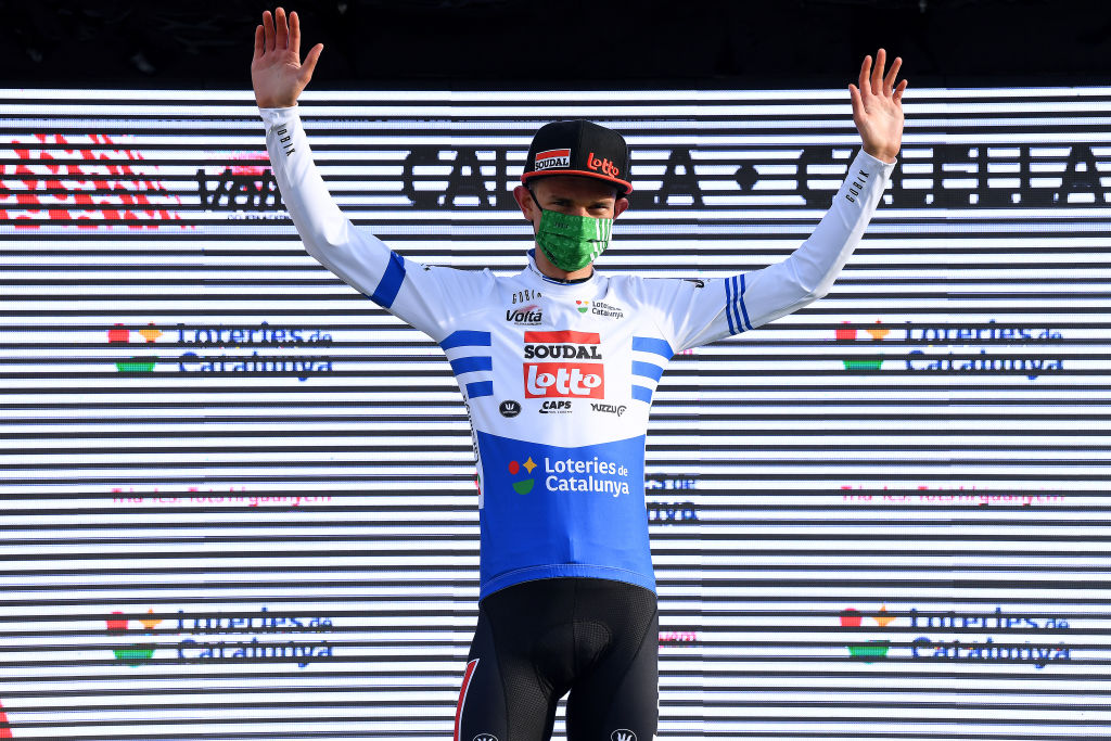 CALELLA SPAIN MARCH 22 Podium Andreas Lorentz Kron of Denmark and Team Lotto Soudal Blue points Jersey Celebration during the 100th Volta Ciclista a Catalunya 2021 Stage 1 a 1784km stage from Calella to Calella Mask Covid safety measures VoltaCatalunya100 on March 22 2021 in Calella Spain Photo by David RamosGetty Images