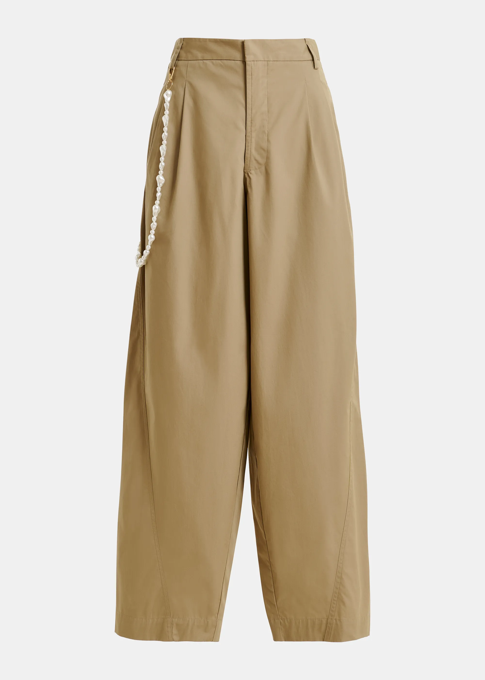 Camel Tapered-Leg Cotton Pants With Detachable Pearl Belt