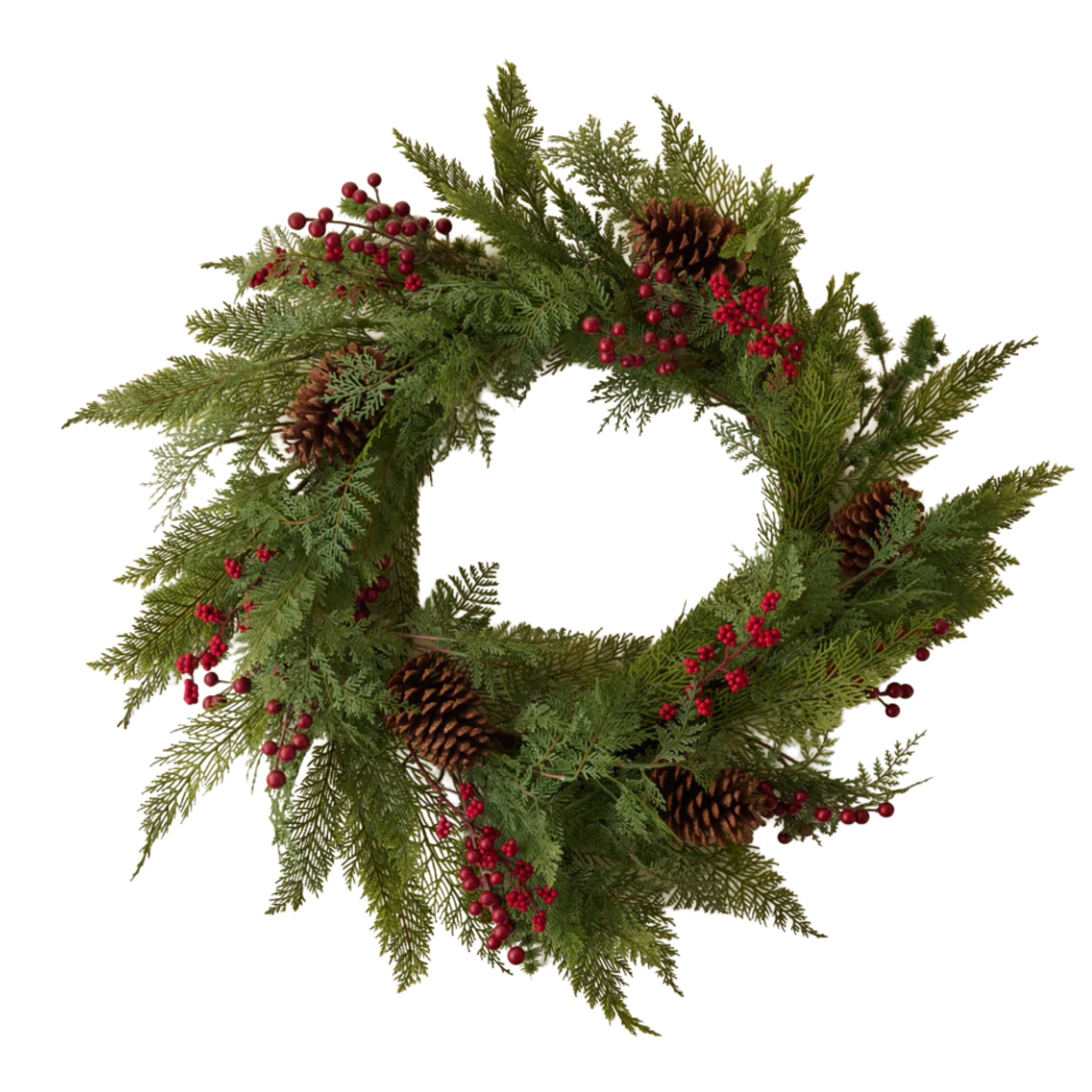 a decorative wreath with berries and pinecones