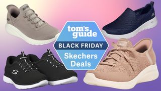 Skechers shoes on background with Black Friday badge overlay
