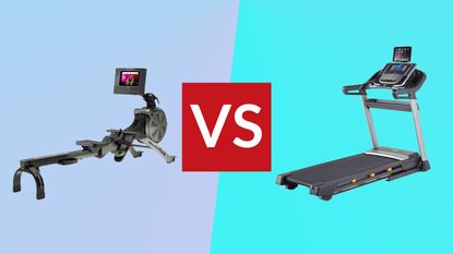 rowing machine vs treadmill: Pictured here, a rowing machine on purple background (left), treadmill on blue background (right)
