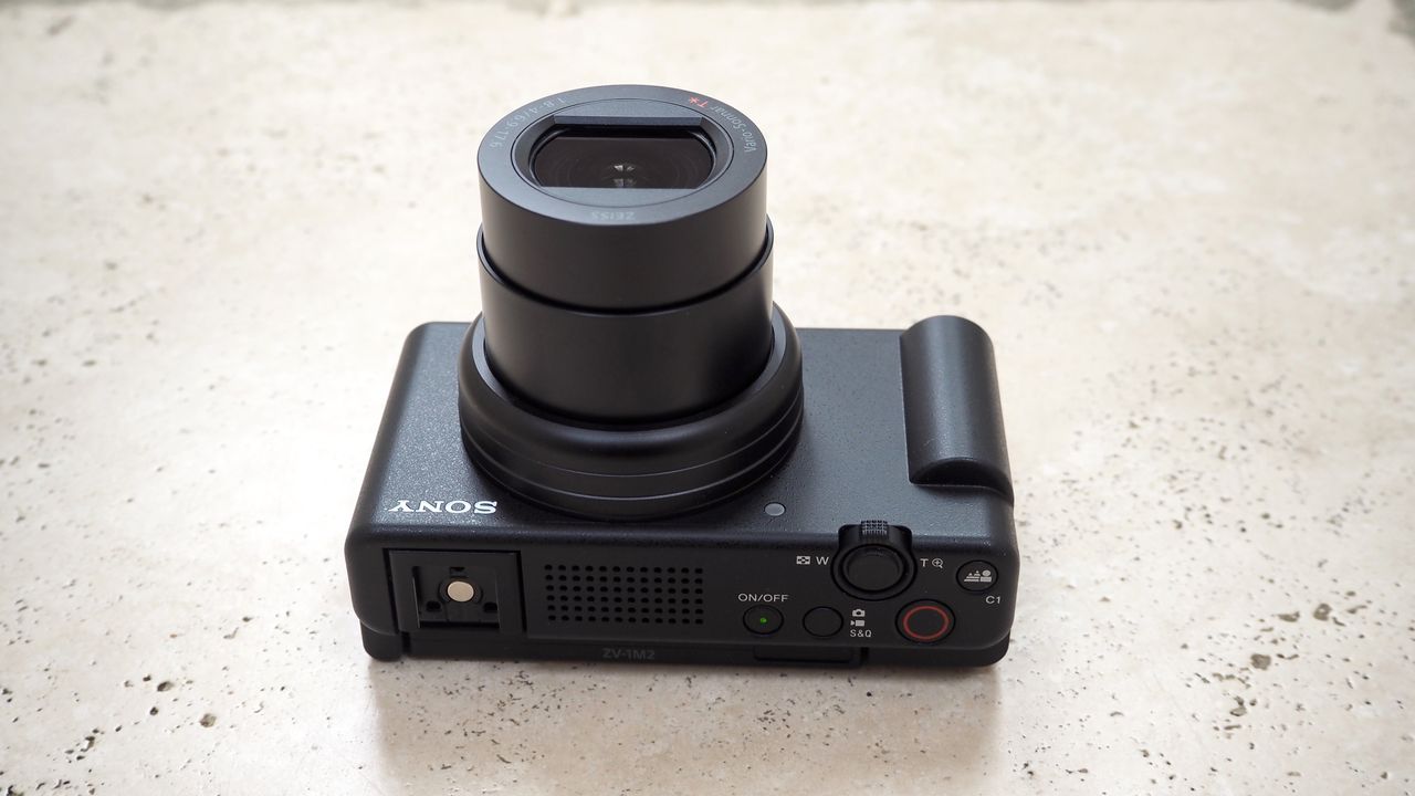 Sony ZV-1 II camera outside on a wall