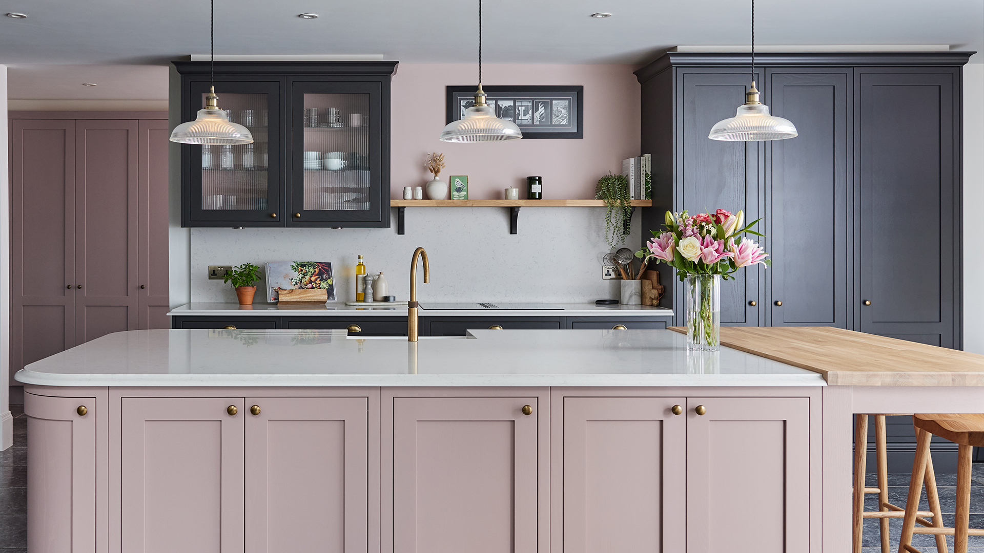 pink and charcoal grey kitchen
