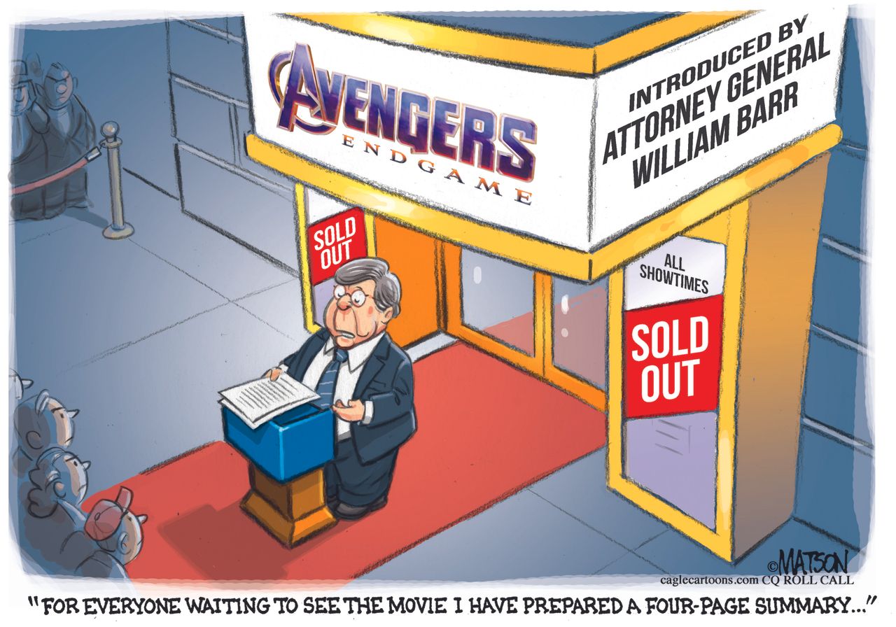 Political Cartoon U.S. William Barr summary Avengers Endgame