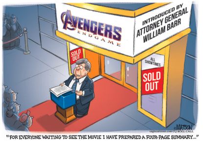 Political Cartoon U.S. William Barr summary Avengers Endgame
