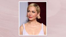 Michelle Williams is pictured with a short bob hairstyle and wearing a lilac dress at FX's "Dying For Sex" New York Premiere held at SVA Theatre on April 02, 2025 in New York, New York/ in a pastel purple template