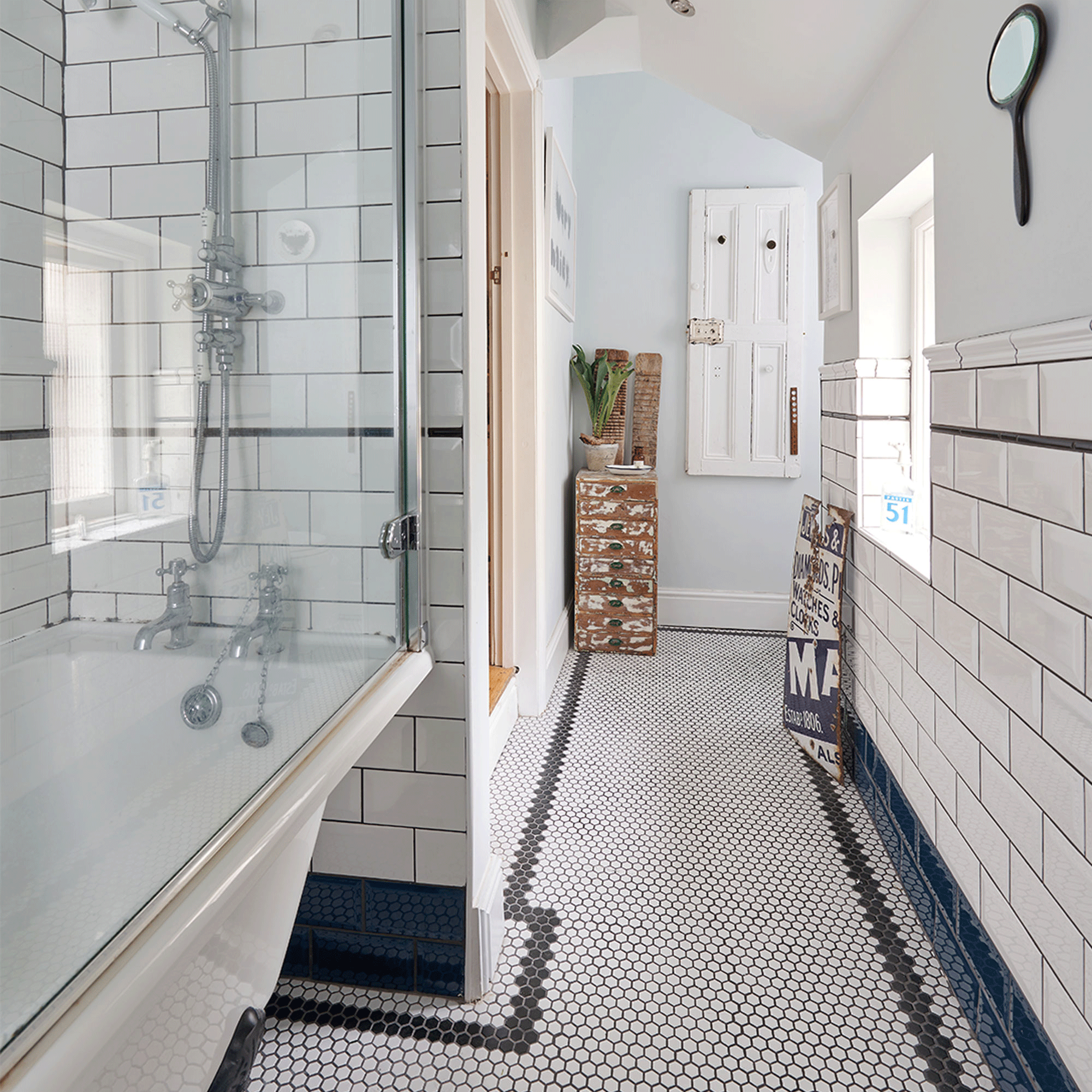 White bathroom with hexagon tiles