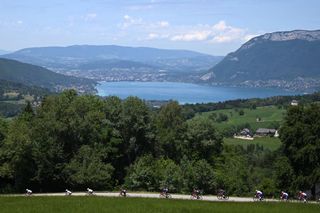 The views across Lake Annecy at the 2022 Criterium du Dauphine