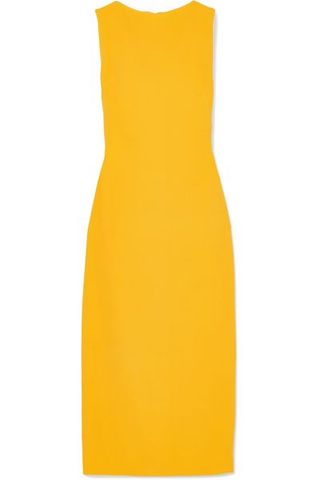 Clothing, Dress, Yellow, Day dress, Orange, Cocktail dress, Neck, Sheath dress, Strapless dress,
