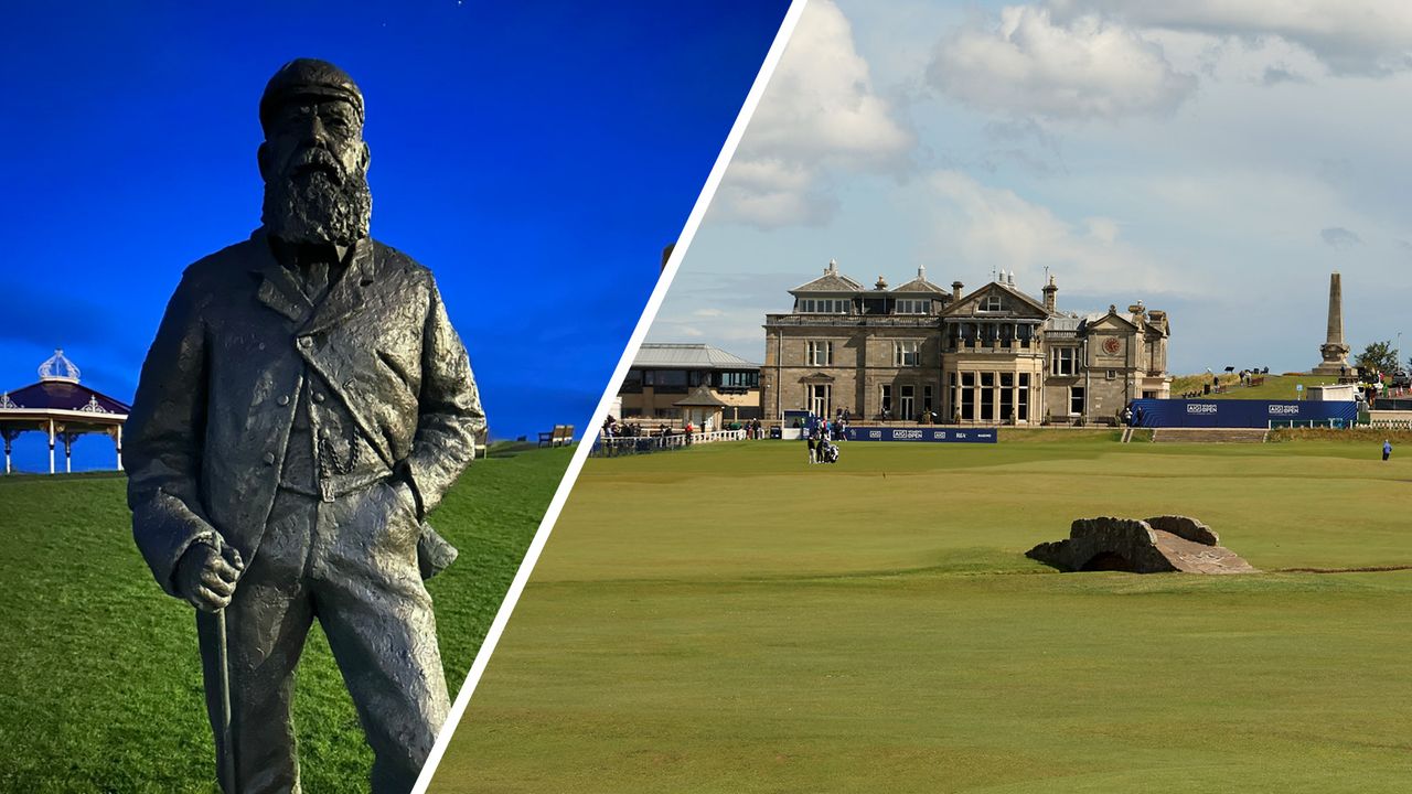 (Left) The damaged statue of Old Tom Morris and a general view of the Old Course at St Andrews (right)