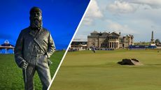 (Left) The damaged statue of Old Tom Morris and a general view of the Old Course at St Andrews (right)