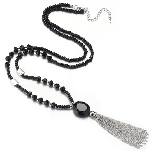 Bulinlin Boho Beaded Long Necklaces for Women Chunky Bead Pendant Necklace With Crystal Tassel Costume Jewelry Gifts for Her(black)