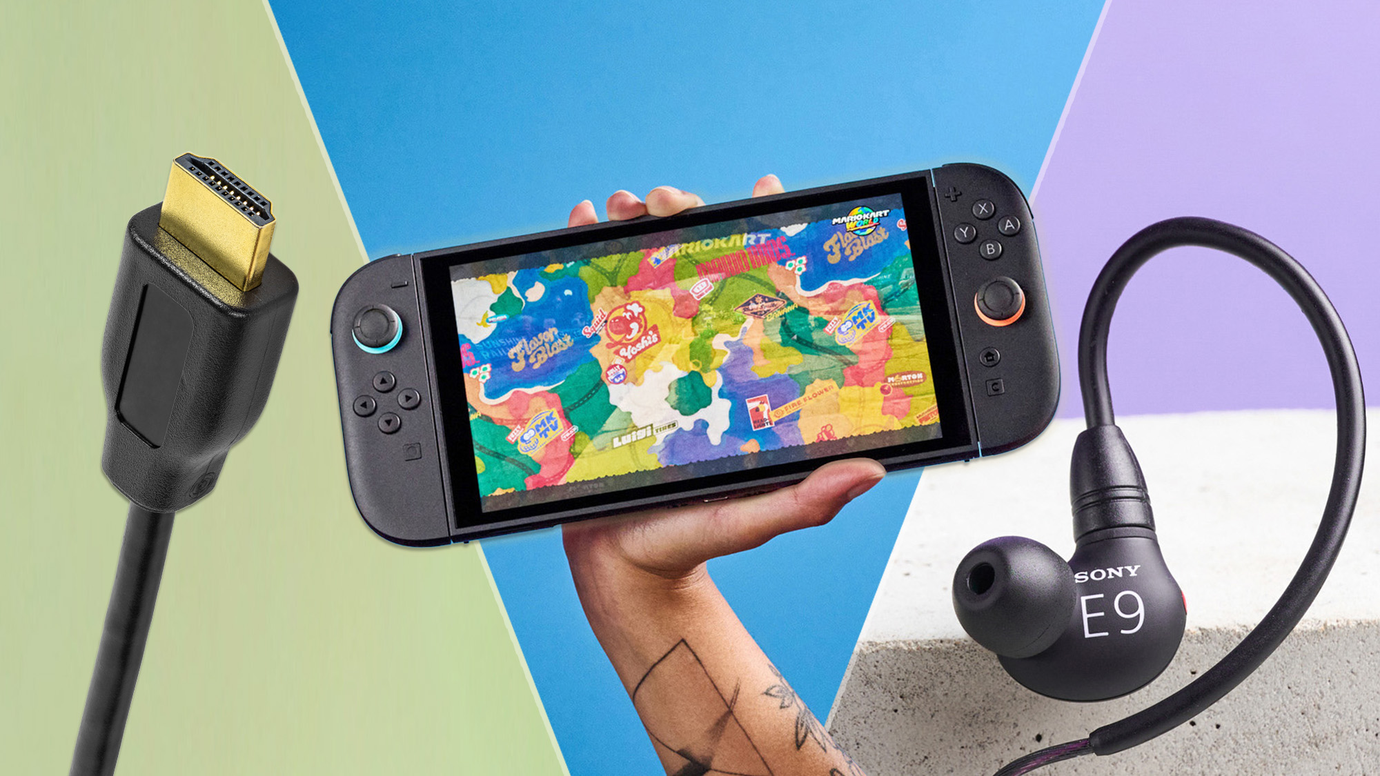 Three images side by side: an HDMI cable, a hand holding the Nintendo Switch 2 console and a close-up of the Sony Inzone E9 IEMs.