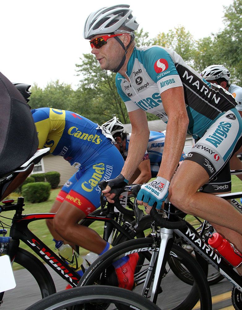 Chris Horner (Airgas-Safeway) sits comfortably in the group prior to being taken out by a nasty coach midway through the race.