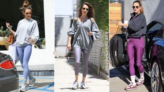 Split image of Alessandra Ambrosio wearing Alo Yoga leggings