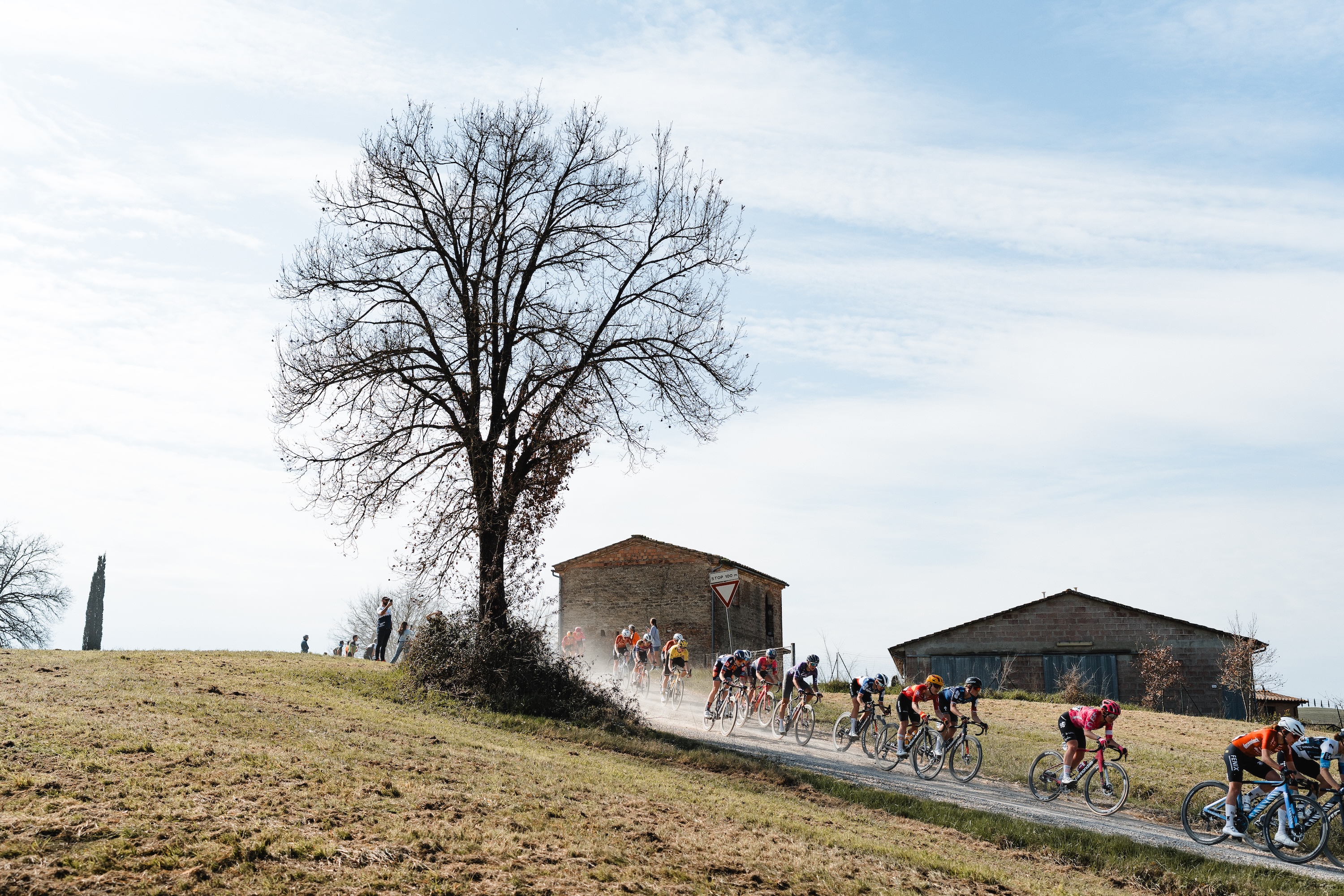 The peloton on a gravel sector at Strade Bianche Women