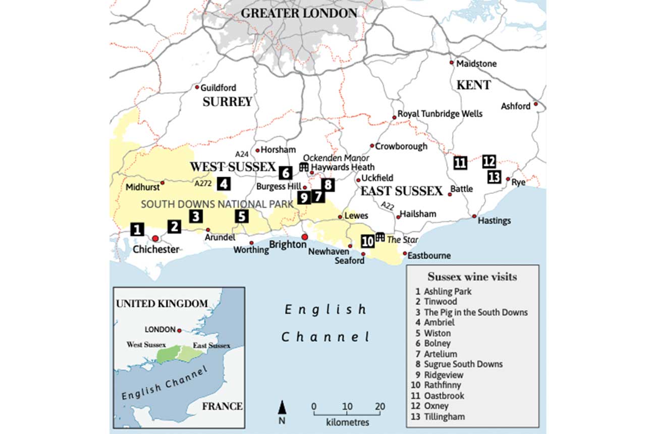 Illustrated map of Sussex wine tour