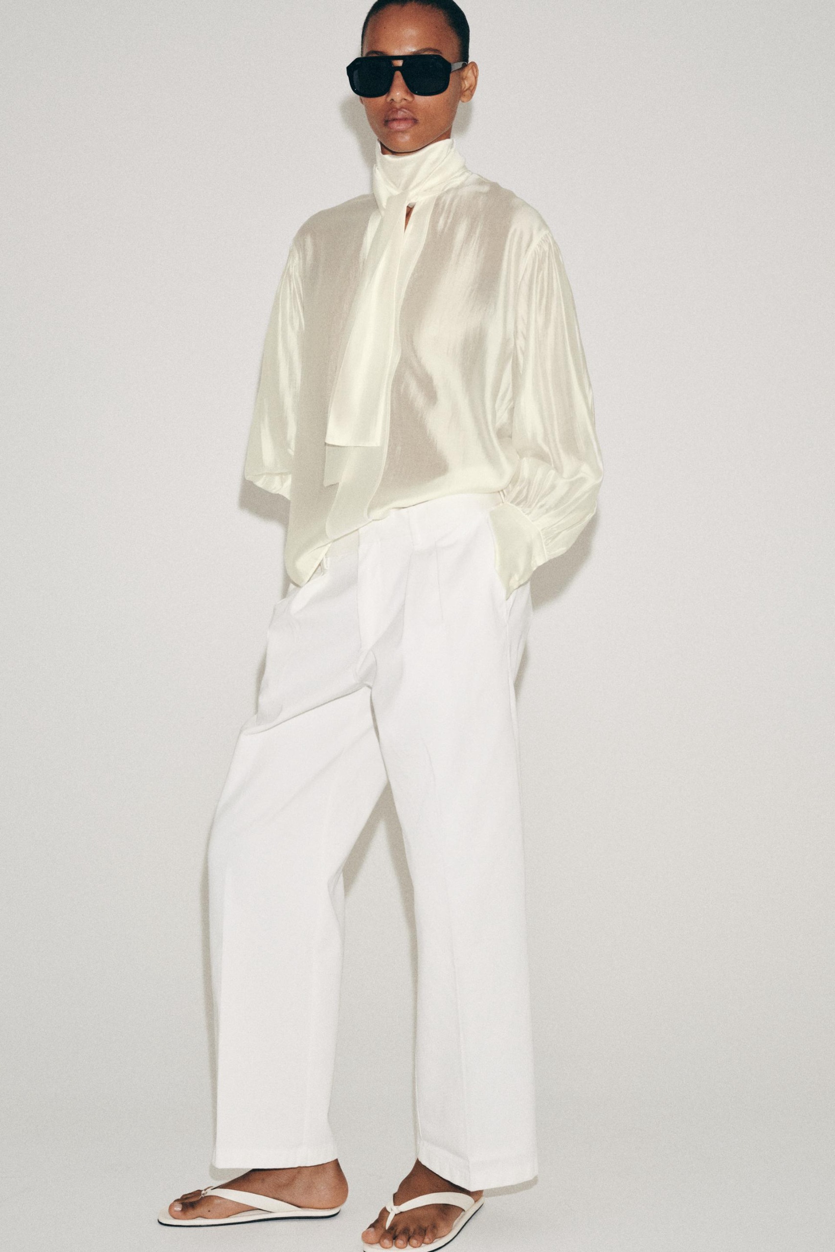 Zw Collection Satin Blouse With Ties - Oyster-White - Xs