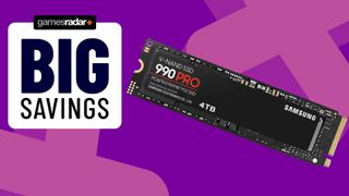 Image of the Samsung 990 Pro 4TB SSD on top of a purple and pink background.