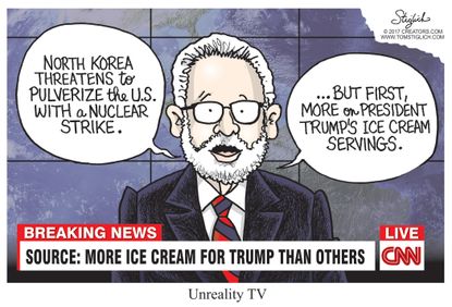Political cartoon U.S. Trump media news cycle North Korea