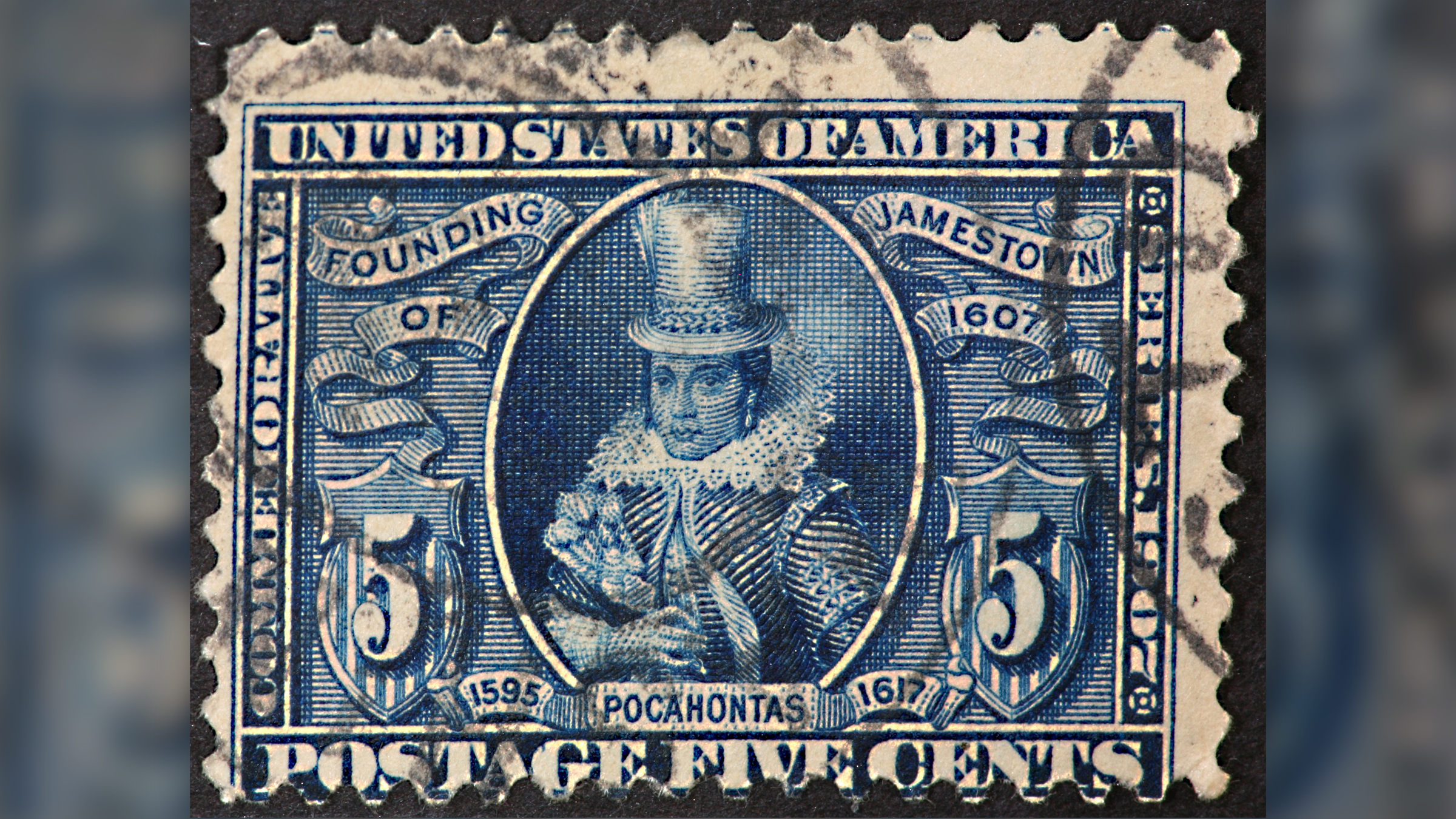 A 1907 U.S. postage stamp featuring Pocahontas. The stamp is colored blue and white.