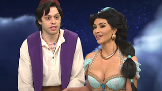 Pete Davidson and Kim Kardashian perform an Aladdin sketch on Saturday Night Live.