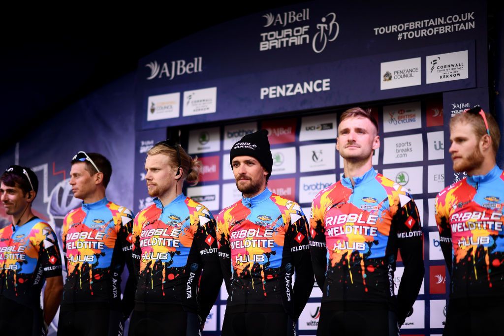 BODMIN ENGLAND SEPTEMBER 05 James Callum Shaw of United Kingdom and Team Ribble Weldtite Pro Cycling and teammates during the team presentation prior to the 17th Tour of Britain 2021 Stage 1 a 1808km stage from Penzance to Bodmin TourofBritain TourofBritain on September 05 2021 in Bodmin England Photo by Harry TrumpGetty Images
