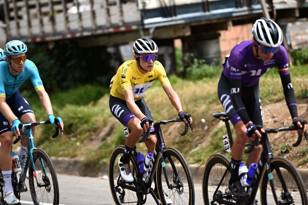 ZIPAQUIRA COLOMBIA FEBRUARY 09 Rodrigo Contreras of Colombia and Team Nu Colombia Yellow Leader Jersey competes during the 4th Tour Colombia 2024 Stage 4 a 1818km stage from Paipa to Zipaquira on February 09 2024 in Zipaquira Colombia Photo by Maximiliano BlancoGetty Images