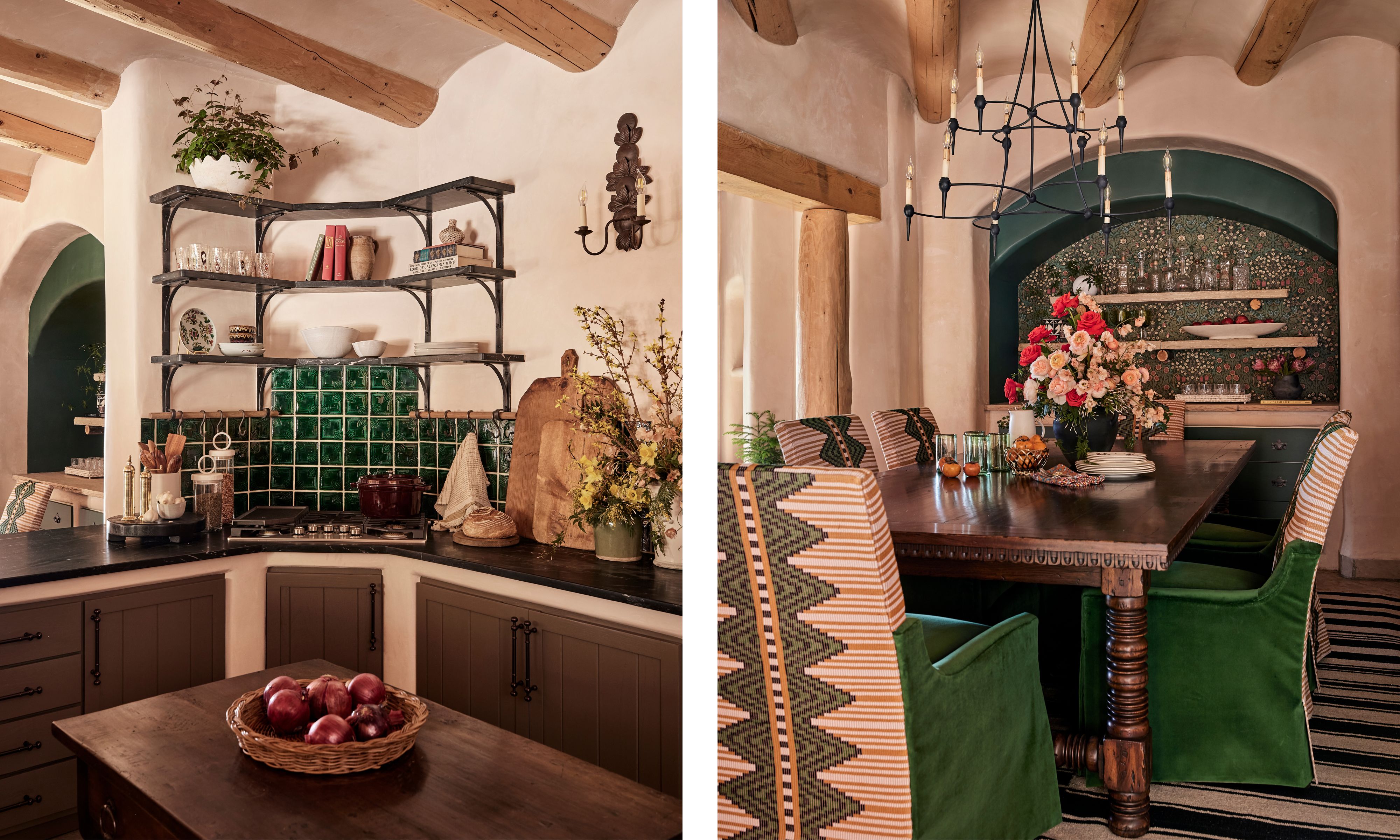 two side by side images of a Santa fe open plan kitchen diner with pops of green tile and wooden cabinetry