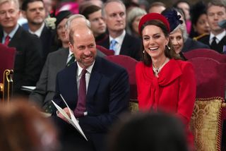 Prince William and Princess Kate sitting in Westminster Abbey on Commonwealth Day 2025 laughing