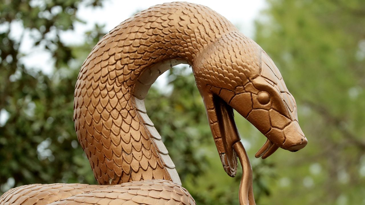 The statue of the snake that greets golfers at the Copperhead Course&#039;s Snake Pit