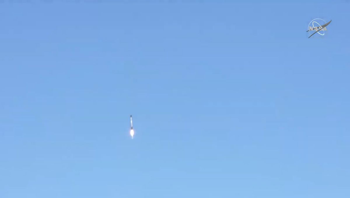 SpaceX's Falcon 9 rocket first stage booster is seen while approaching Landing Zone 4 at Vandenberg Air Force Base in California after launching NASA/ESA's Sentinel-6 Michael Freilich satellite on Nov. 21, 2020.