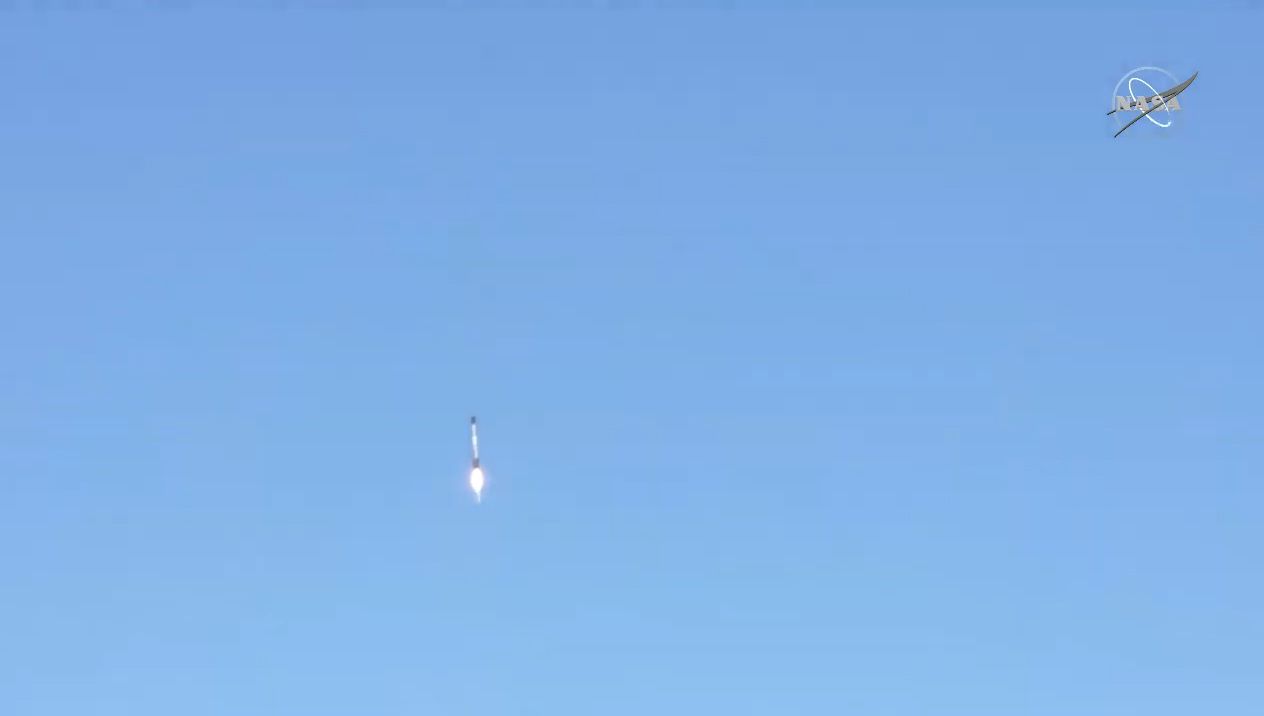 SpaceX's Falcon 9 rocket first stage booster is seen while approaching Landing Zone 4 at Vandenberg Air Force Base in California after launching NASA/ESA's Sentinel-6 Michael Freilich satellite on Nov. 21, 2020.